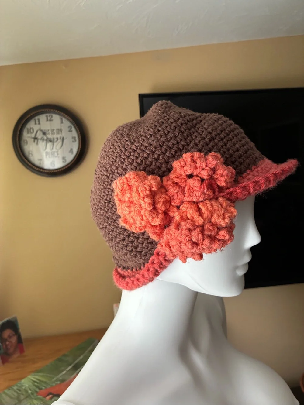 Crocheted Brown and Coral Cloche Hat with Floral Accent